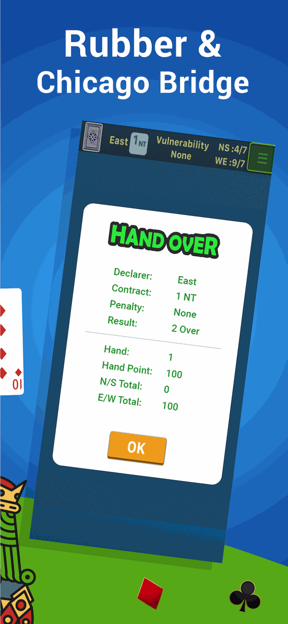 Bridge hand over screen — declarer, contract, and scoring